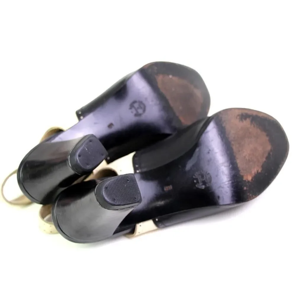 Stephane Kelian BLACK BEIGE LEATHER MID HEEL OPEN TOE LACE SLINGBACK SANDALS 5